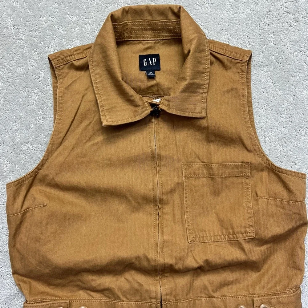 GAP Sleeveless Jumpsuit Womens Size 10 Deep Camel Herringbone Zip Utility NWT - Picture 2 of 14